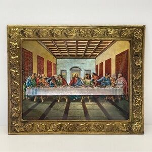 Vintage Last Supper Foil Tin Frame Picture 8 x 10